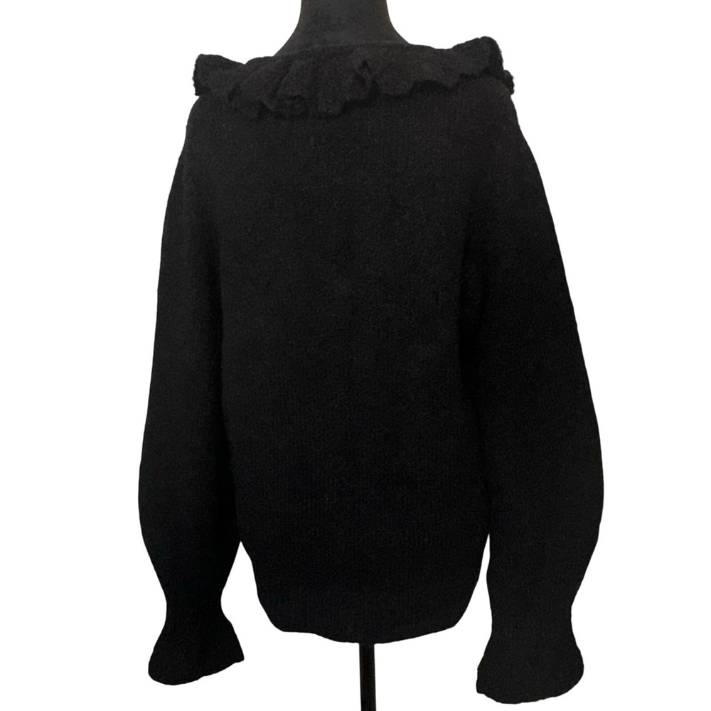 Boden Ruffle V-Neck Sweater US 8 Black Wool Alpaca Blend Fuzzy Romantic Coquette - Picture 4 of 12